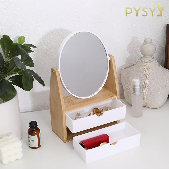 PYSYY 1x / 5X Magnifying Makeup Mirror, Jewelry and Cosmetics Storage Box with Double Drawers, Adjustable Natural Bamboo Stand, 360° rotatable Vertical Desktop Mirror (1, Oval)