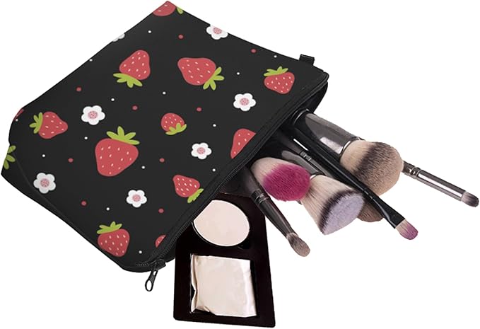Aiphamy Cute Travel Makeup Bag Cosmetic Bag Small Pouch Gift for Women (Strawberry Black)
