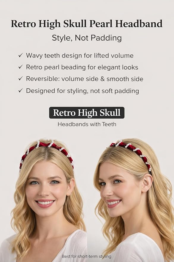 6 Pcs Headbands for Women with Teeth, Non-Slip Wavy Comb Headbands with Teeth, High Skull Hair Bands for Slicked Back & Volume Styling, Pearl Beaded Accessories for Parties, Weddings & Short-Term Wear