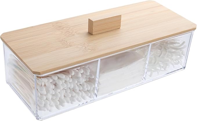 Sohalejr Wood Qtip Holder 3 Compartments Cotton Ball and Swab Holder Organizer with Lid,Jar for Cotton Rounds,Bathroom Containers,Clear Acrylic Desk Organizer for Makeup Pads,Cosmetics Bedroom