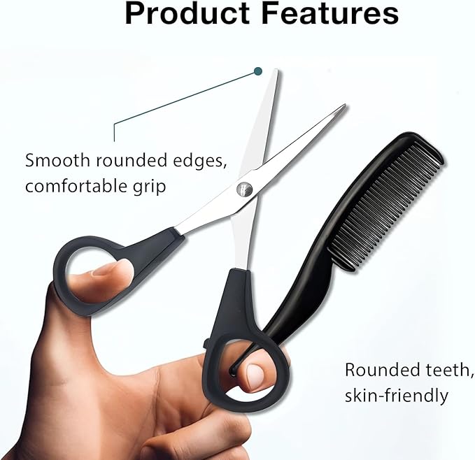 2 Pack Men's Beard & Mustache Scissors & Mini Comb Trimming Kit Black 4 inch