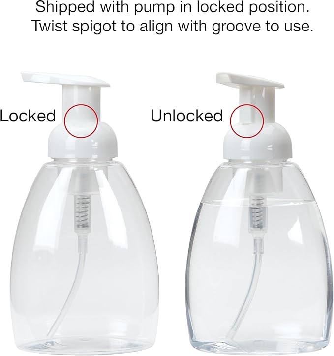 Ginger Lily Farms Foaming Soap Dispenser, Refillable Plastic Pump Bottles for Liquid Hand Soap, 12 oz. Clear Bottle with White Pump, 2-Pack