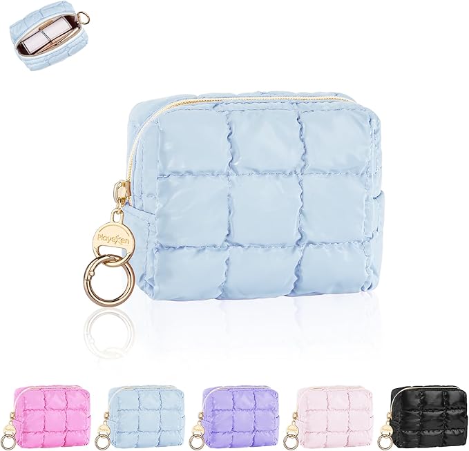 Playexen Puffy Mini Makeup Bag, Cute Quilted Small Cosmetic Bag for Purse, Portable Travel Makeup Pouch for Lipsticks, Chapsticks, Earphone, Credit Card, Birthday/Wedding/Christmas Gifts (Blue)