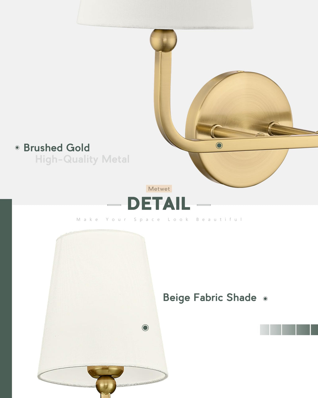 METWET 5-Light Brushed Gold Bathroom Vanity Light, Beige Fabric Shades