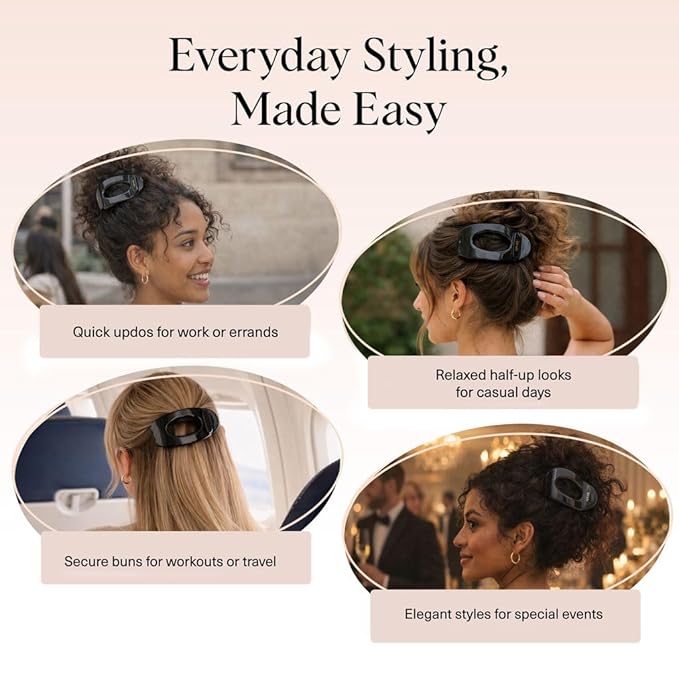 Kitsch Large Flat Claw Clips for Women - Stylish Flat Hair Clips, Strong Hold for Thick & Fine Hair | Non-Slip for Secure, Comfortable All-Day Wear - Black