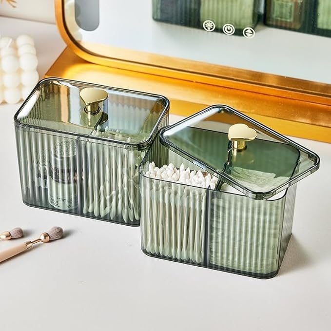 WIWIUXY Qtips Holder Bathroom Container,3-Section Cotton Ball/Swabs Dispenser,3 Grids Apothecary Jar Organizer, Cosmetics Storage for Vanity