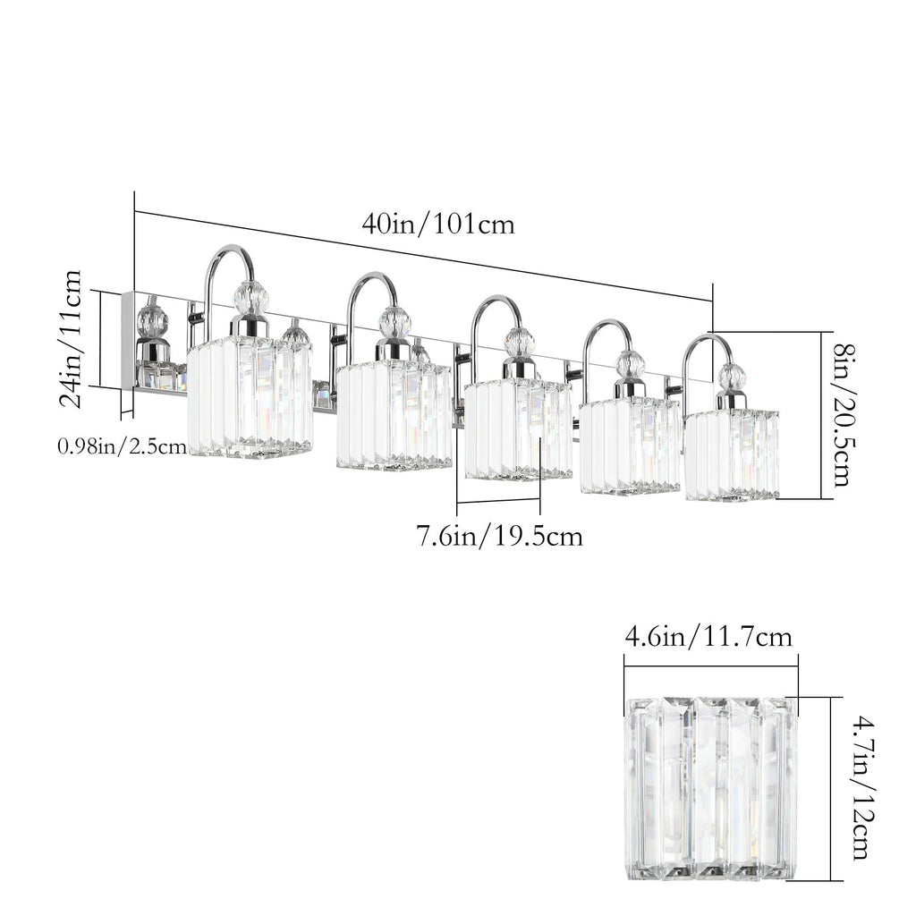 Ralbay Chrome Crystal Vanity Lights 5-Lights 40'' Modern Crystal Bathroom Light Fixtures Modern Crystal Vanity Lighting Over Long Mirror Bathroom Wall Lighting Fixtures