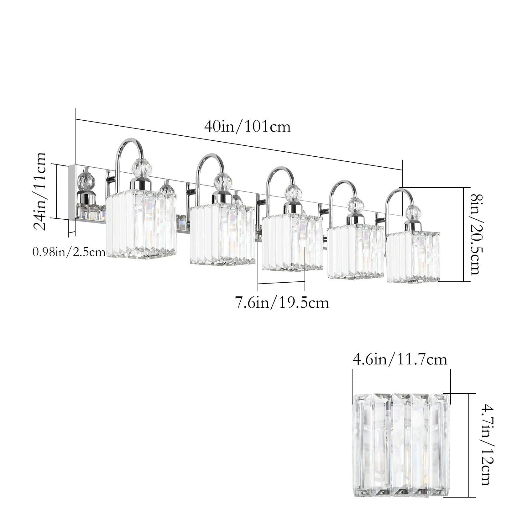 Ralbay Chrome Crystal Vanity Lights 5-Lights 40'' Modern Crystal Bathroom Light Fixtures Modern Crystal Vanity Lighting Over Long Mirror Bathroom Wall Lighting Fixtures