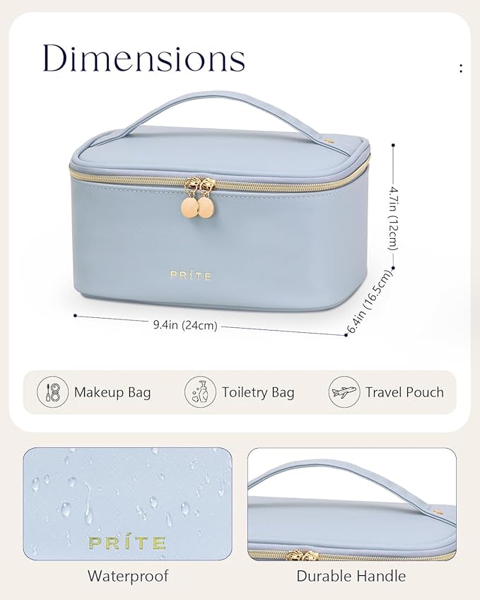 Prite Makeup Bag, Large Capacity Cosmetic Bag for Women and Girls, Waterproof PU Leather Travel Makeup Case, Toiletry Organizer with Handle and Divider for Skincare and Brushes - Blue