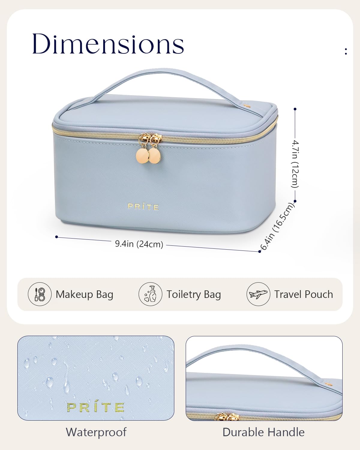 Prite Makeup Bag, Large Capacity Cosmetic Bag for Women and Girls, Waterproof PU Leather Travel Makeup Case, Toiletry Organizer with Handle and Divider for Skincare and Brushes - Blue
