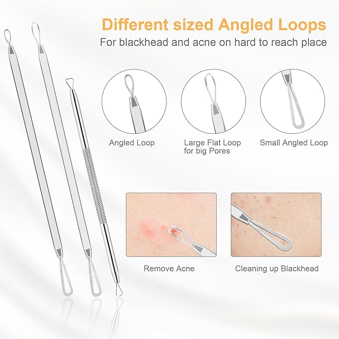 UUBAAR 9PCS Blackhead Remover Tools, Pimple Popper Tool Kit with 2 Tweezers, 304 Stainless Steel Comedone Extractor, 16 Precision Heads Face Nose Acne Zit Removal, Home Esthetician Use & Leather Case