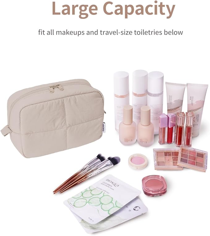 Narwey Travel Makeup Bag for Women Girl, Puffy Make up Organizer Cosmetic Bag, Cute Small Travel Toiletry Bag for Toiletries (Khaki)