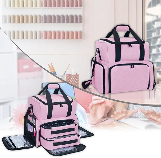 Nail Polish Organizer Case Holds 80 Bottles (15ml - 0.5 fl.oz) and a Nail Lamp,Nail Polish Case with 2 Removable Bags and Tools Storage Sections Pink