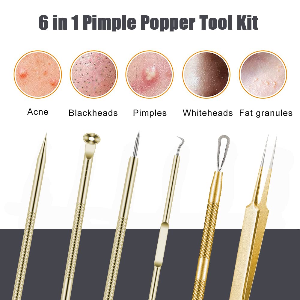 Pimple Popper Tool Kit 6 Pcs Blackhead Remover Acne Needle Tools Set Removing Treatment Comedone Whitehead Popping Zit for Nose Face Skin Blemish Extractor Tool - Gold