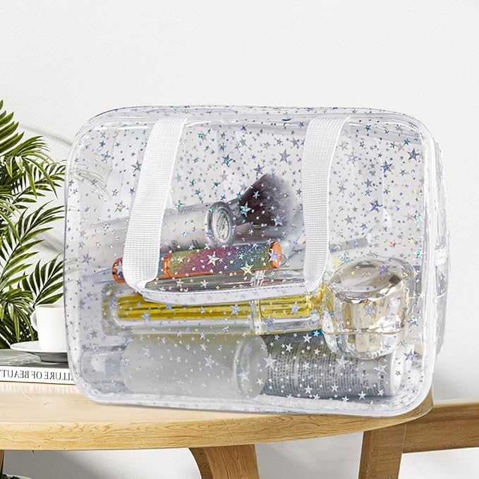 TotePrint Holographic Star Transparent PVC Cosmetic Bag Clear Makeup Toiletry Carry Pouch Clear Travel Pouch Storage Bag for Vacation Bathroom and Organizing