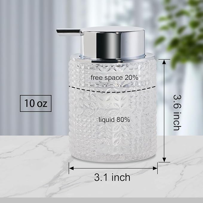 Fvstar Foaming Hand Soap Dispenser, 10 oz Refillable Clear Glass Foam Soap Dispenser with Large Pump Bottle Container for Kitchen and Bathroom,1 pc
