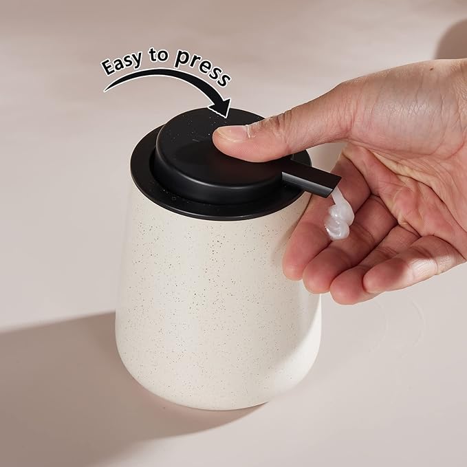 12Oz Hand Soap Dispenser Set - 2 Pack Ceramic Lotion Soap Dispenser Set with Easy-to-Press Black Pump, Refillable Mordern Liquid Dish Soap Dispensers for Bathroom & Kitchen (Beige, Liquid Pump)