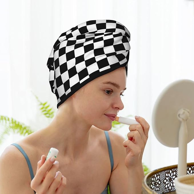 Black and White Checkerboard Hair Towel Wrap Microfiber Fast Drying Hair Turban with Buttons for Women Men Drying Curly, Long & Thick Hair