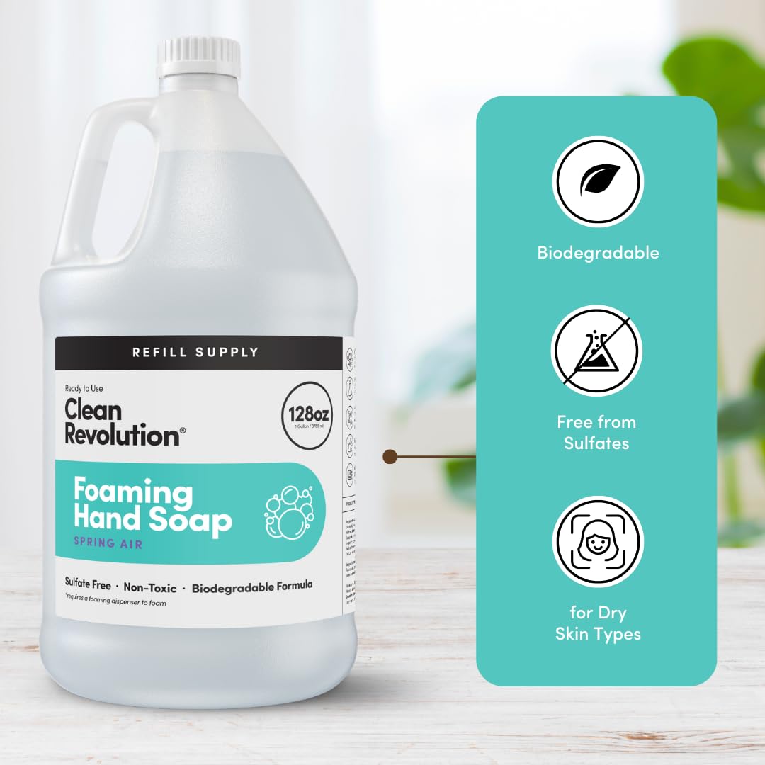 Clean Revolution Foaming Hand Soap Refill with Real Essential Oils, Moisturizing Sulfate-Free Hand Soap, Ready-to-Use Foam Soap Refill for Kitchen & Bathroom (Spring Air, 128oz)