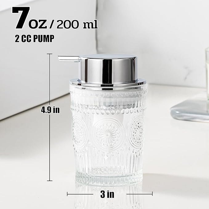 AZMOYAC Glass Foam Soap Dispenser, 7 Oz Face Wash Dispenser for Bathroom, Vintage Glass Clear Foaming Hand Soap Dispenser, Small Refillable Lotion Dish Dispenser for Kitchen