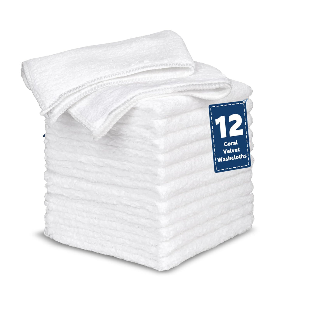 TEAWOO Coral Velvet White Washcloths 12 Pack, Highly Absorbent and Soft