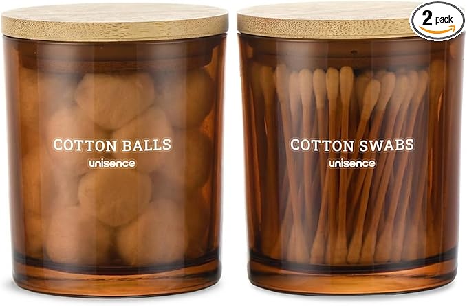 unisence Glass Qtip Holder 2 Pack , Qtip Holder Dispenser Bathroom Set Bathroom Organizers and Storage Q tip Holder with Lid Makeup Storage Organizer for Cotton Swabs,Cotton Balls,Pads ,Amber