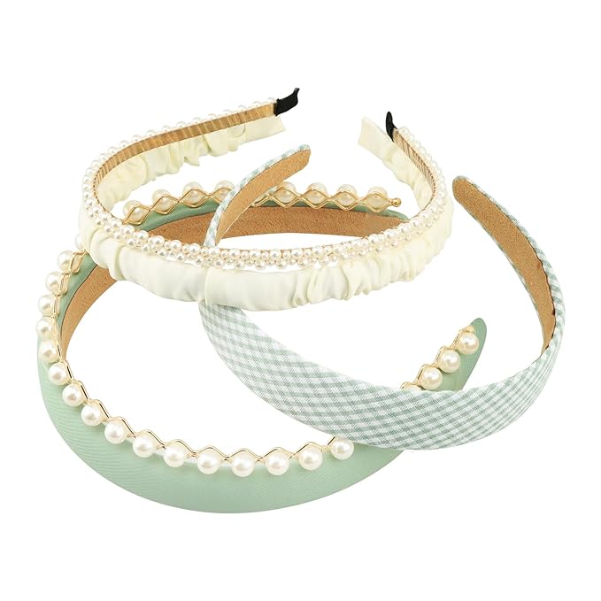 DOXISHRUKY Fashion Headbands for Women Teen Girls Headbands Set, 5pcs Pearl Headband Floral Head bands Padded Headbands for Women Vintage Wide Headband (Green)