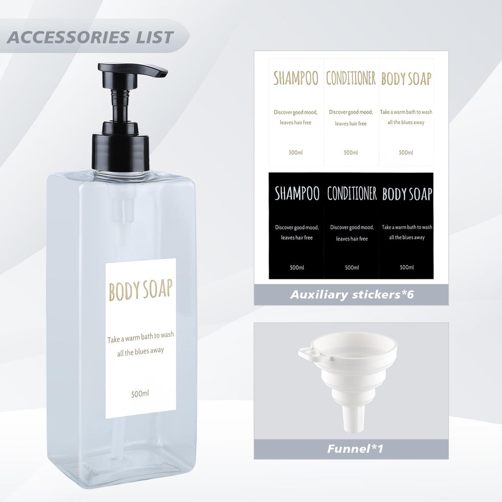 DEROANBOTT Shampoo and Conditioner Dispenser (Set of 2, 16.9oz) Modern Refillable Shampoo Pump Bottles for Shower Soap - Empty Body Wash Dispenser Set for Bathroom (Transparent)