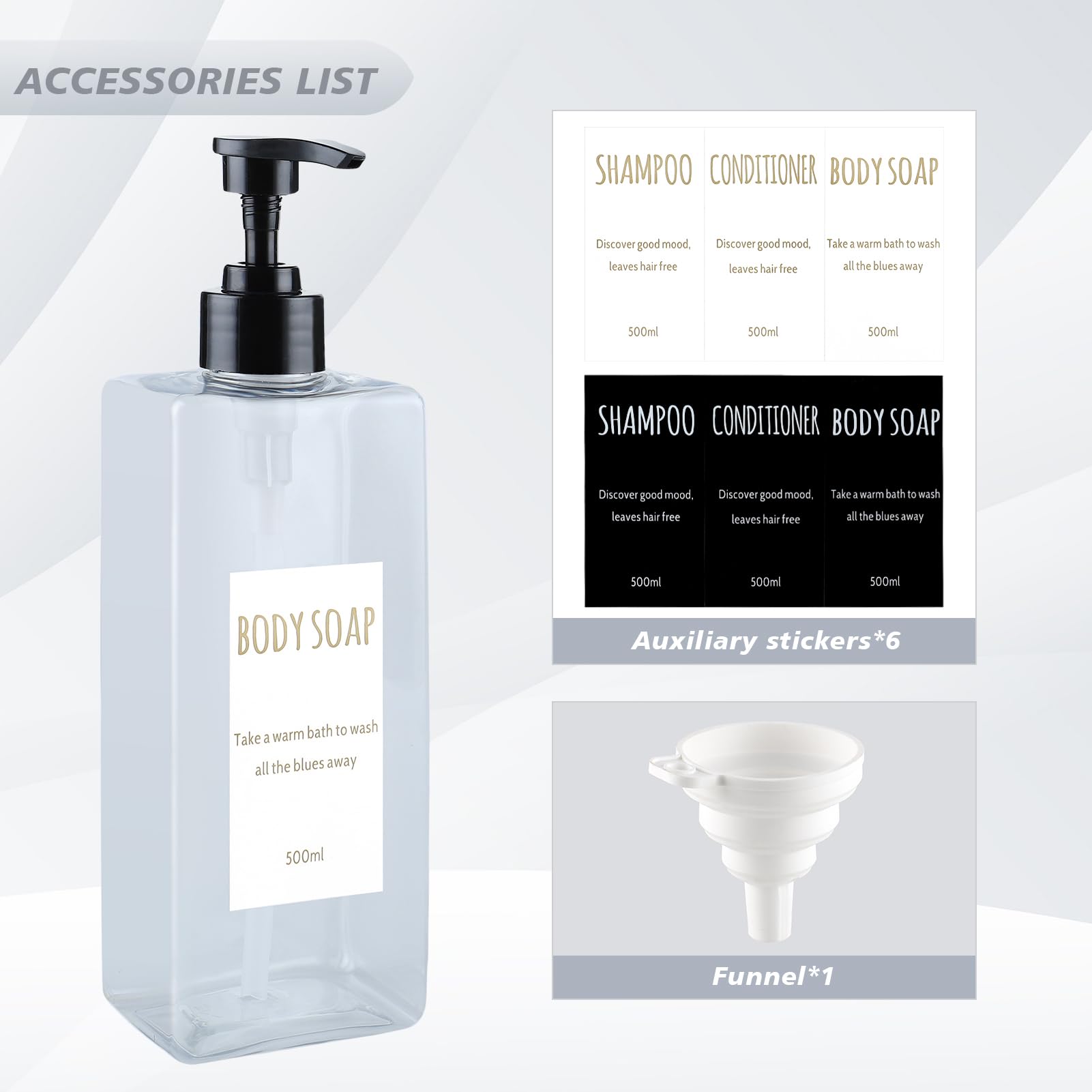 DEROANBOTT Shampoo and Conditioner Dispenser (Set of 2, 16.9oz) Modern Refillable Shampoo Pump Bottles for Shower Soap - Empty Body Wash Dispenser Set for Bathroom (Transparent)