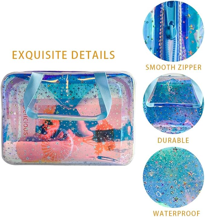 TotePrint TPU Holographic Blue Clear Star Large Cosmetic Bag and Travel Pouch with Handle,Durable TPU Material,Zipper Design-Ideal for Makeup,Travel Essentials (Holographic Blue)