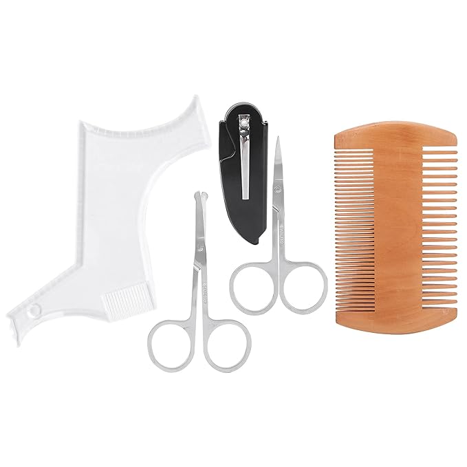Transparent Beard Shaping Template Comb Scissors Set, Beard Grooming Styling Tool Kit, Double Sided Combs with Fine and Thick Teeth, Includes Folding Comb, Round Head and