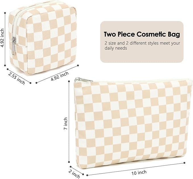 Fammart Checkered Makeup Bag, Travel Cosmetic Bag Organizer Toiletry Bag Make Up Bags with Zipper & Compartments for Women Girls, 2PCS