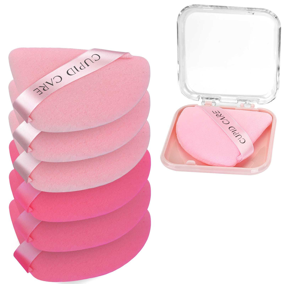 CUPID CARE 6 Pcs Triangle Powder Puff with 2 Travel Cases, Setting Powder Puffs for Face Powder and Foundation, Velour Makeup Puff for Loose Powder Body Powder, Skin-Friendly, Beauty Makeup Tools-Red