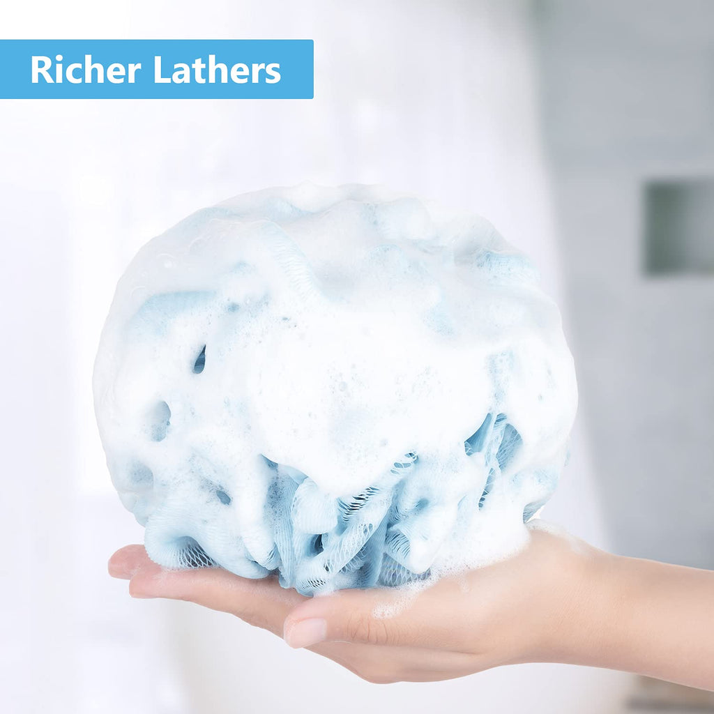 VANZAVANZU Bath Loofah Large 80g Shower Sponge Body Scrubber Mesh Pouf for Men and Women, Set of 4 (Turquoise + White)