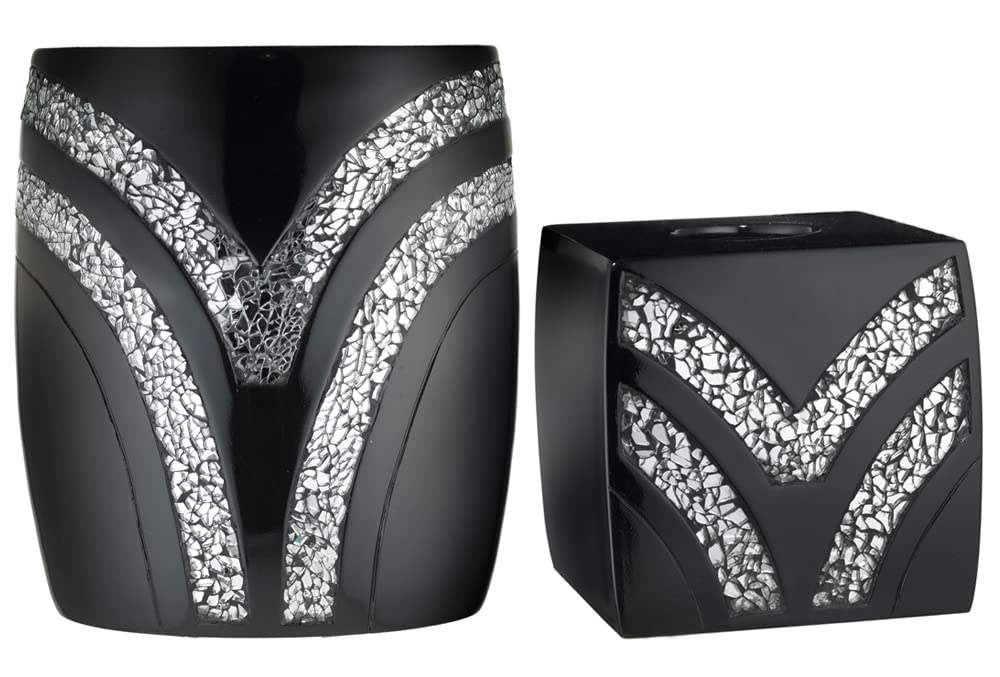 Zahari Home 2pc Sinatra Black Modern Bath Accessories Set Waste Basket & Tissue Box Modern Decorative Beautiful Designs Bathroom Decor Set for Home Luxury Bath Set Mosaic Glass
