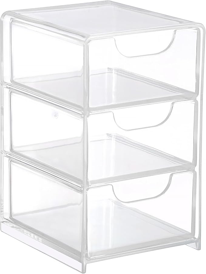 Hipiwe Acrylic Drawer Organizer Qtip Holder for Cotton Pad Cotton Swabs Makeup Storage Drawer with 3 Drawers Clear Desk Drawers Box Bathroom Counter Organizer for Home Office