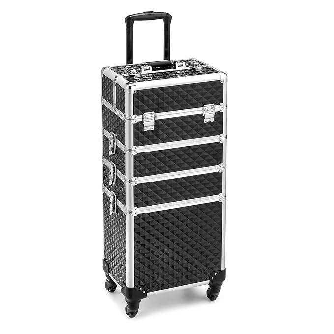mefeir 4 in 1 Rolling Makeup Train Case, Aluminum Makeup Travel Organizer Cosmetic Case, Cosmetology Display Suitcase on Wheels, Beauty Storage Luggage Lockable w/4 Removable Wheels (Black)
