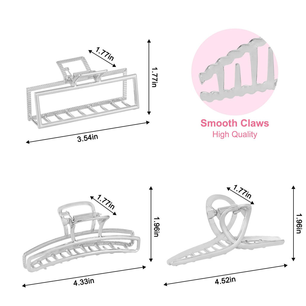 LUKACY 6 Pack Large Metal Hair Claw Clips - 4 Inch, Perfect Big silver claw clips hair clips for Women and Thinner, Thick hair styling,Strong Hold, Fashion Hair Accessories (Style 1 Silver)
