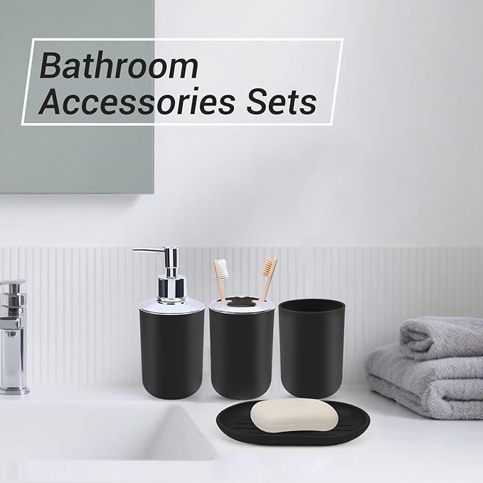 LGURT Matte Black Bathroom Accessories Set, 4-Piece Plastic Black Bathroom Organizer with Soap Dispenser, Toothbrush Holder, Rinse Cup & Soap Dish, Classic Black Bathroom Decor