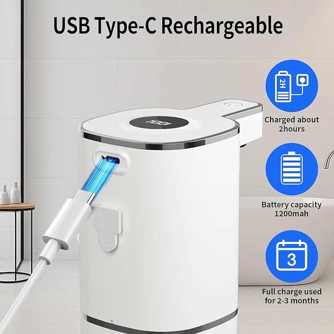 Automatic Liquid Soap Dispenser, Touchless Rechargeable Hand Soap Dispenser, 4 Adjustable Levels, 1200mAh Battery, Large Display, for Kitchen & Bathroom (White, Liquid)