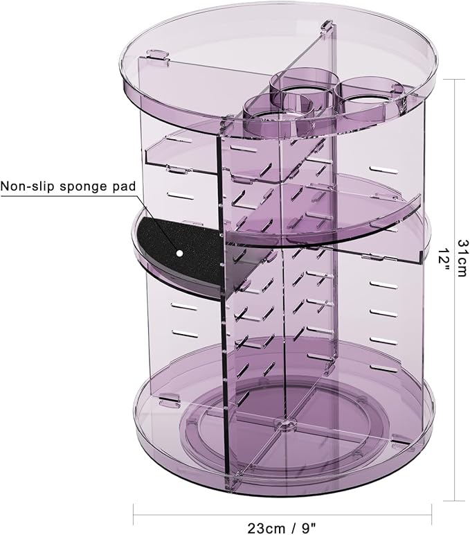 Rotating Makeup Organizer, DIY 8 Adjustable Layers Spinning Skincare Storage, Cosmetic Display Case with Brush Holder and Perfume Tray, Multi-Function Vanity Bathroom Countertop Organizer Clear Purple