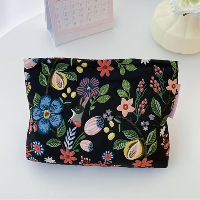 SxoSyo Embroidery Makeup Bag, Floral Cosmetic Bags, Black