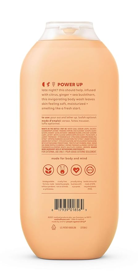 method Body Wash, Energy Boost - Leaves Skin Feeling Soft & Moisturized, Made Without Parabens, Notes of Citrus, Ginger & Sea Buckthorn, 18 fl oz