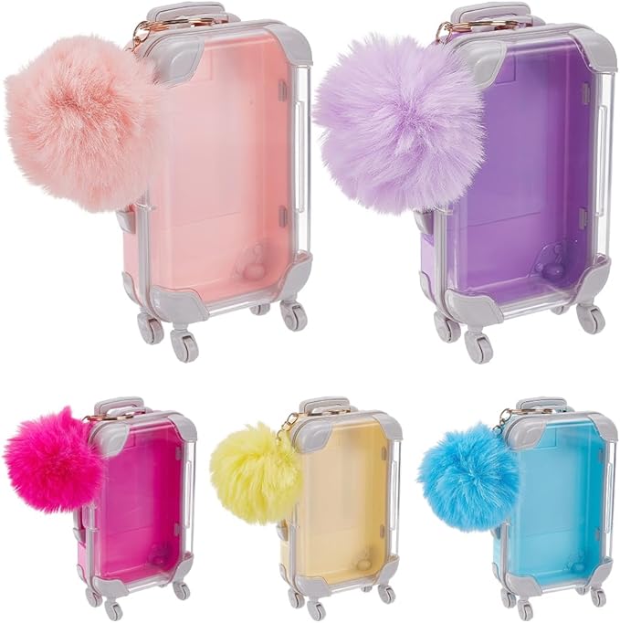 SOFPLATE 6Pcs Mini Suitcase Box Empty Candy Boxes Small Tiny Plastic Cosmetic Luggage Colorful Plush Fur Ball Keychain Reusable Gift Holder Storage Case for Eyelashes Candy Makeup False Lash Travel