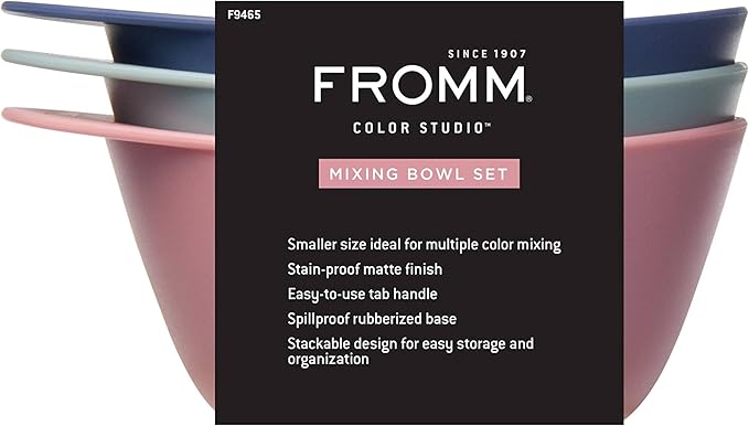 Fromm Color Mixing Bowl 3-Piece Set 10 oz, Professional Salon Mixing Bowls, Hair Color Bowls for Colorists & Hair Stylists, Spill-Proof Rubber Base for Hair Dye, Bleach, Toner & Color, Salon Supplies