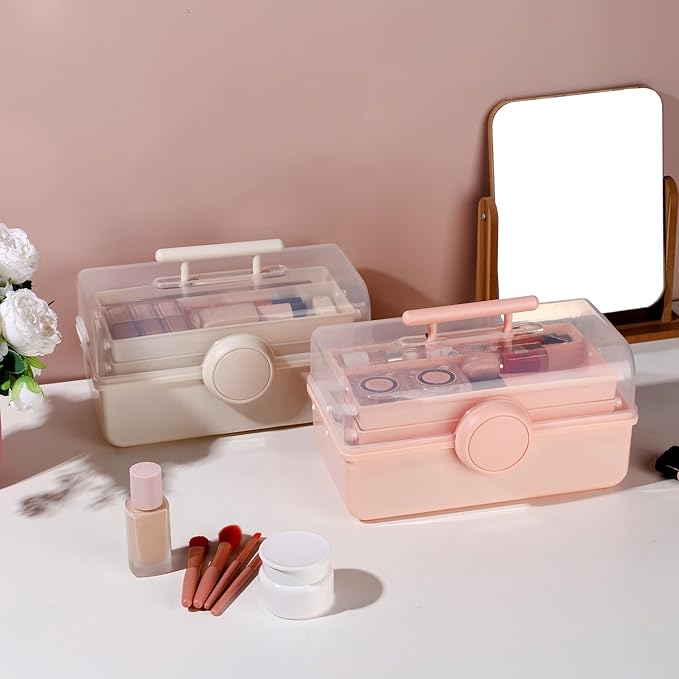 RAMFIYN Pink Makeup Storage, Pink Tackle box for Women with Handle. Cosmetic Storage Box Organizer, Portable 3 Layers Makeup Case for Home