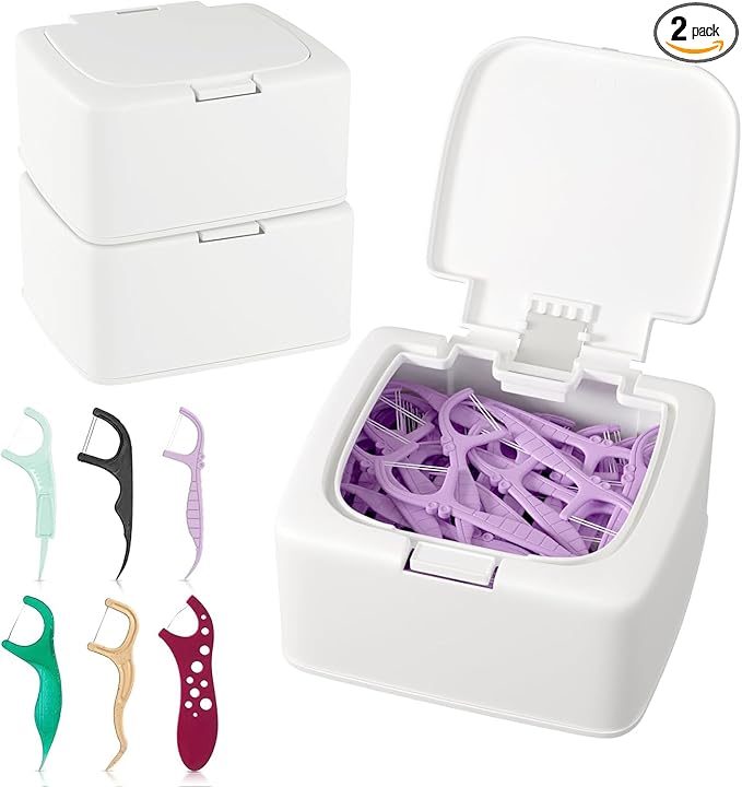 2-Pack Floss Pick Holder and Qtip Holder with One-Touch Opening, Quick Refill for Floss Picks, Cotton Swabs, Balls, Pads - Bathroom Organizers and Storage, Vanity Makeup Storage Organizer