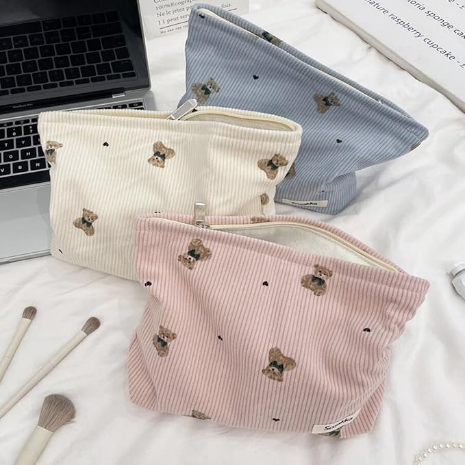 SxoSyo Corduroy Makeup Bags, Bear Cosmetic Purse, Pink
