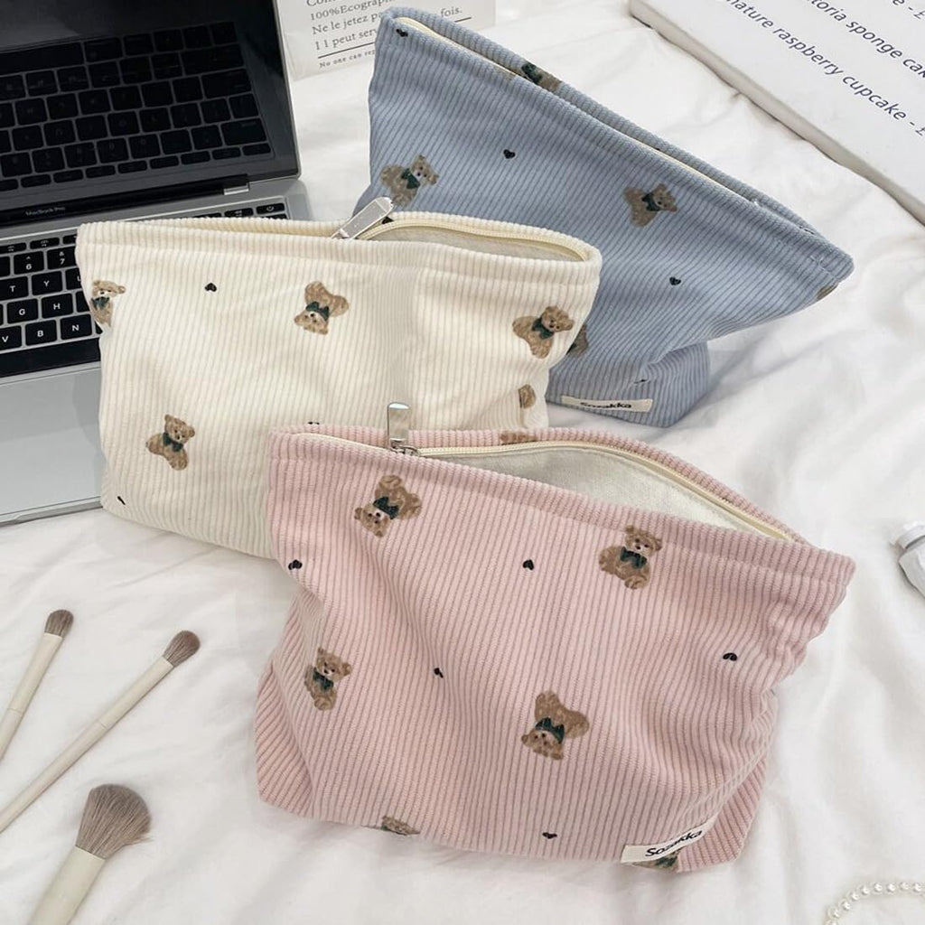 SxoSyo Corduroy Makeup Bags, Bear Cosmetic Purse, Pink