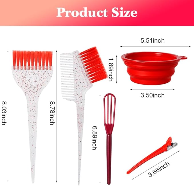 MOONMINI Hair Dye Color Brush and Bowl Set, Color Bowl Brushes Tool Mixing Bowl Kit Tint Comb for Hair Tint Dying Coloring Applicator (Red&Clear)